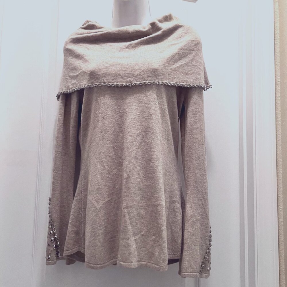 Colour Works-Women's Tan/Cream/Crystals/Beads/Studs Sweater-Off Shoulder-Festive